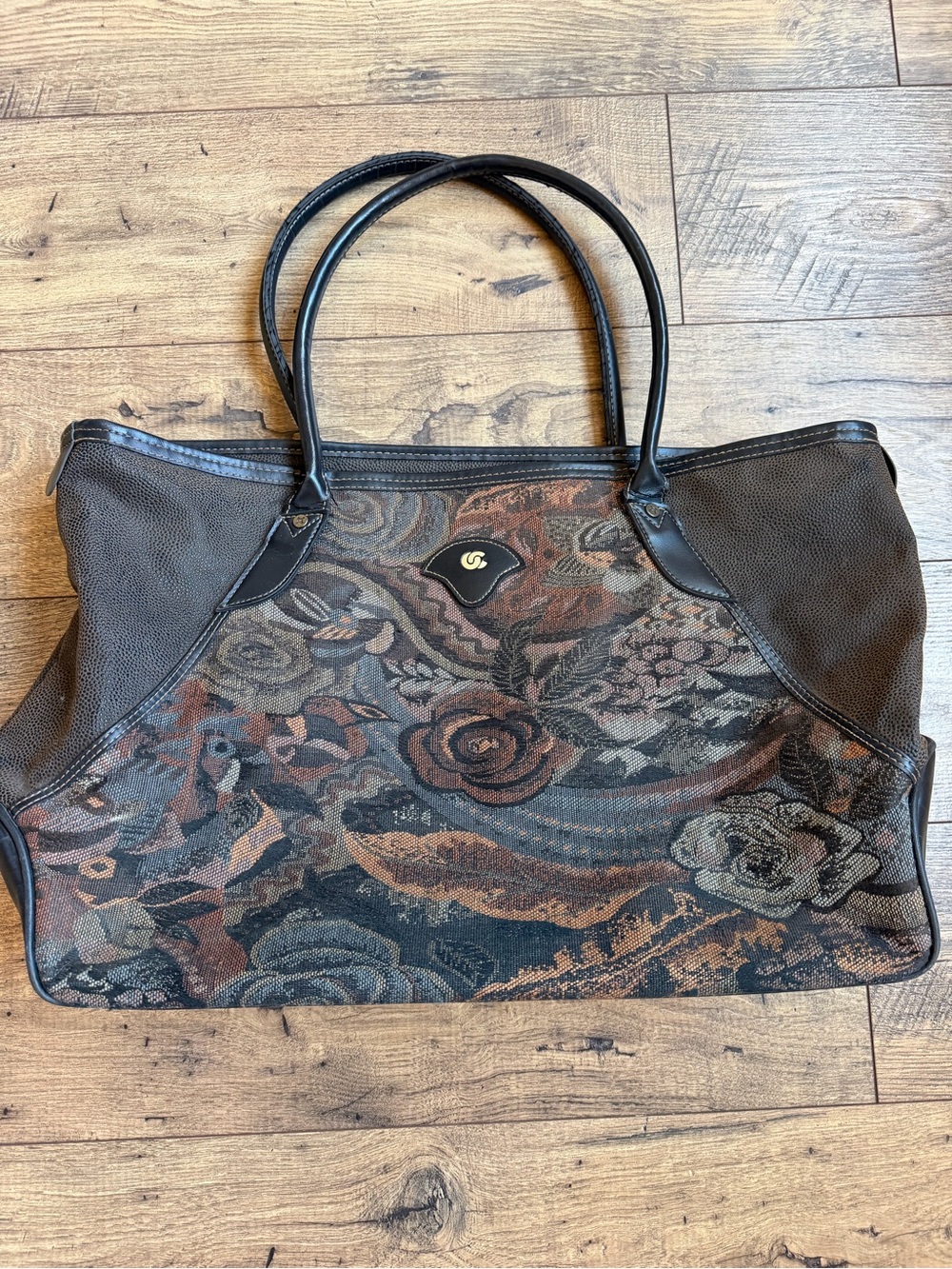 Vintage Oleg Cassini Floral Tapestry Faux Pebble Leather Tote Shoulder Bag
